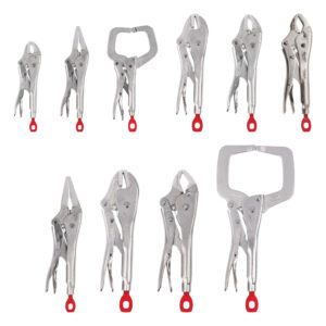 MILWAUKEE 48-22-3690 TORQUE LOCK locking pliers kit showing curved jaw straight jaw long nose and C clamp pliers assortment