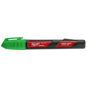 Milwaukee 48-22-3751 INKZALL green liquid paint marker, capped product image, green cap and clip visible, black marker body with red label showing Xylene Free text, horizontal orientation on white background