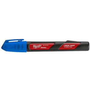 Milwaukee 48-22-3761 INKZALL blue liquid paint marker, capped product image, blue cap and clip visible, black marker body with red label showing Xylene Free text, horizontal orientation on white background