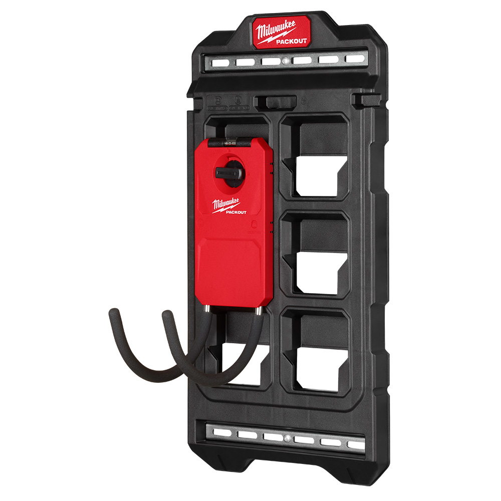 Milwaukee PACKOUT Compact Wall Plate with mounted hook accessory for holding tools, modular wall storage system setup