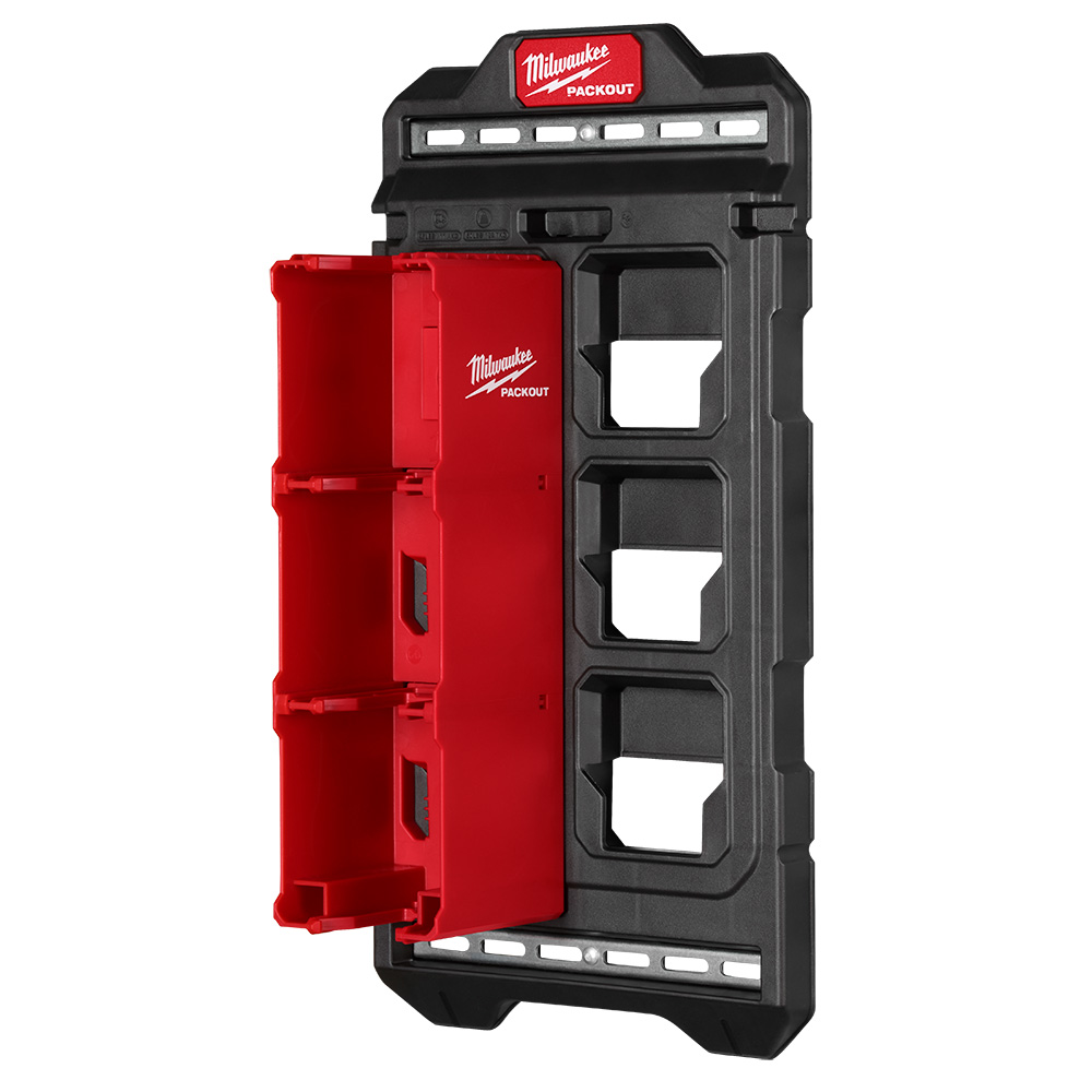 Milwaukee PACKOUT Compact Wall Plate with mounted M18 battery rack accessory, modular wall tool storage system setup