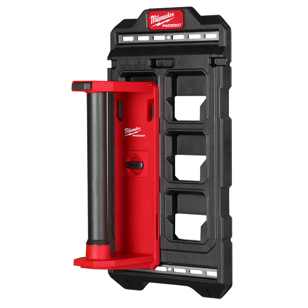 Milwaukee PACKOUT Compact Wall Plate with mounted paper towel holder accessory, modular wall storage system setup