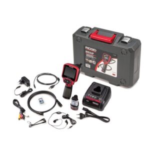 RIDGID micro CA-350 inspection camera kit with case, camera unit, battery, charger, cables, and accessories