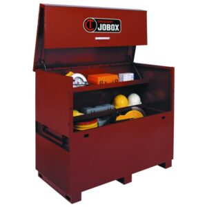 CRESCENT JOBOX 640990 60 inch Piano Box open lid product image, tall red steel jobsite chest with interior shelves and stored tools visible, dual gas struts and forklift skid base underneath