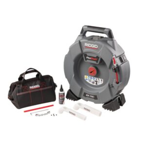 RIDGID K9-102+ FlexShaft drain cleaning machine with cable, accessories, and carrying bag for small pipe cleaning