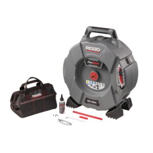 RIDGID FlexShaft K9-204+ drain cleaning machine kit with cable, accessory bag, lubricant, and chain knocker components