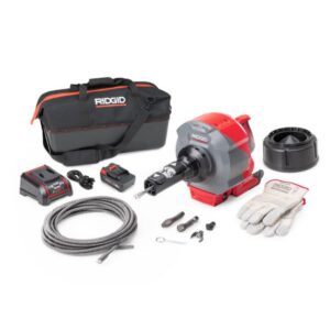 RIDGID K-46 Cordless SinkSnake drain cleaner kit with cables, battery, charger, gloves, and carrying bag