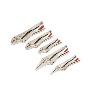 CRESCENT 5 piece locking pliers set showing curved jaw and long nose pliers arranged in size order on white background