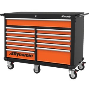 D069311 DYNAMIC 53 inch roller cabinet, front angle view of black steel tool chest with orange drawer fronts, multiple drawers with silver handles, mounted on casters with side handles visible