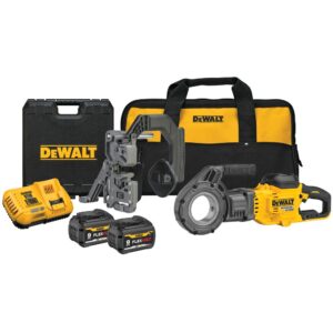 DEWALT DCE700X2 cordless pipe threader kit with FLEXVOLT batteries, charger, pipe clamp, case, and carrying bag