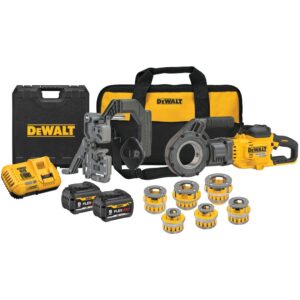 DEWALT DCE700X2K cordless pipe threader kit with die heads, FLEXVOLT batteries, charger, clamp, case, and carrying bag
