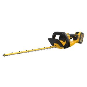DEWALT DCHT870X1 60V MAX 26 in. brushless cordless hedge trimmer kit with long dual-action blade and wrap-around handle on white background