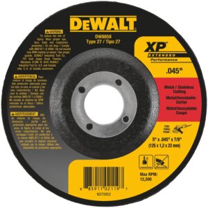 DEWALT DW8858 5 inch XP cutting wheel depressed center front label view showing black and yellow branding, .045 inch thickness, metal and stainless cutting application, 7/8 inch arbor, max RPM 12,200, displayed on white background with full product face visible
