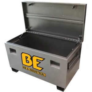 Braber JB48 48 inch steel job box tool chest product image, lid open showing interior storage space, reinforced lid structure, and heavy duty steel construction on white background