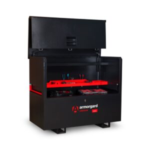 SB49 ARMORGARD Site Piano Box steel chest, open lid view showing interior compartment and dual gas struts, black jobsite storage box with red side handle and Armorgard SiteBoss branding, forklift skid base on white background