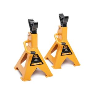 GEARWRENCH GWJS3T 3 ton ratcheting jack stands pair front angle view showing double lock pin, ratcheting post, wide steel base and saddle vehicle support stands product image