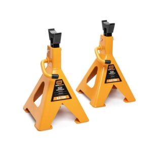GEARWRENCH GWJS6T 6 ton ratcheting jack stands pair front angle view showing double lock pin, ratcheting post, wide steel base and saddle supports for vehicle lifting and support