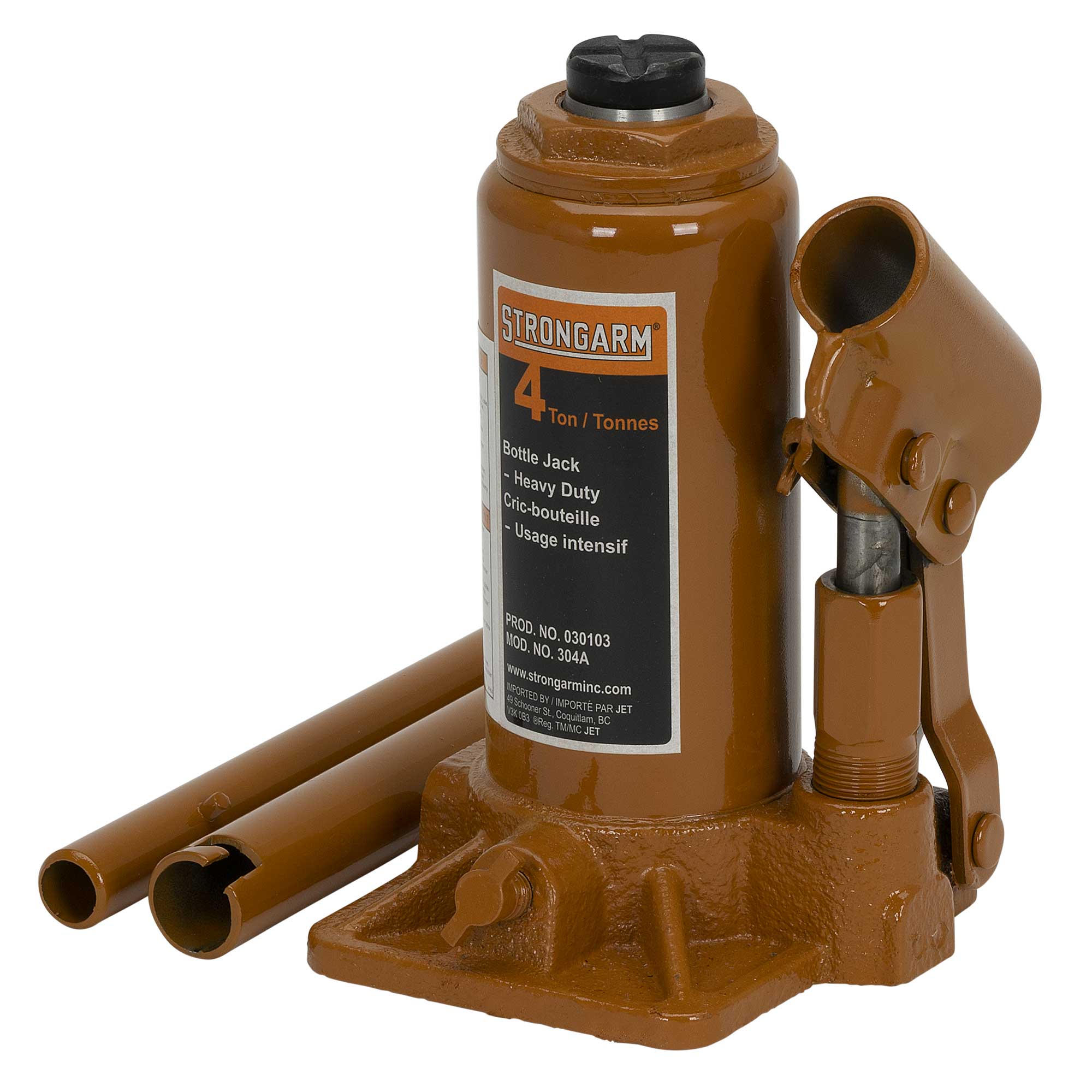 030103 Strongarm 4 Ton Bottle Jack with hydraulic lifting ram, steel saddle, and pump handle, product image