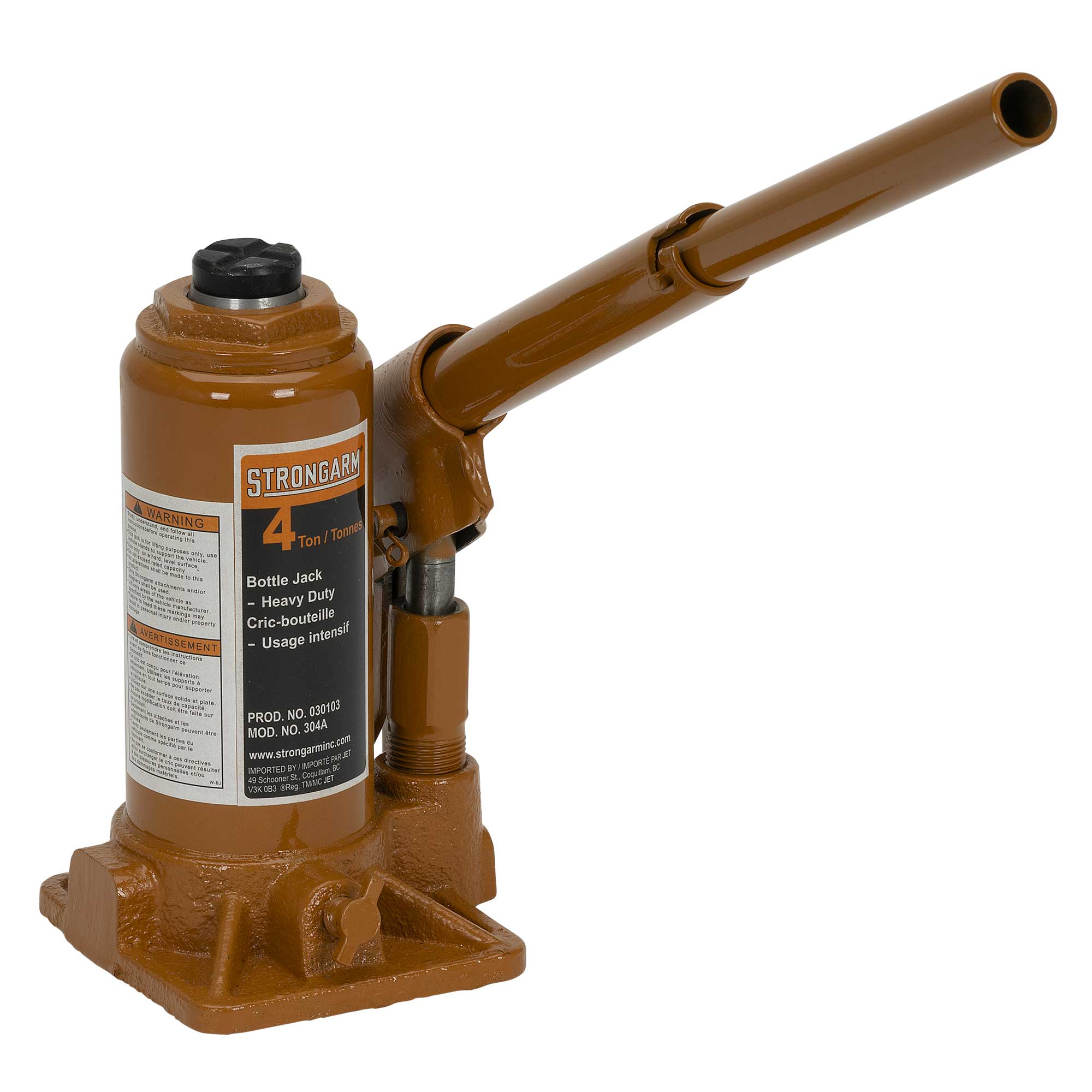 Strongarm 4 Ton hydraulic bottle jack with handle installed for lifting operation