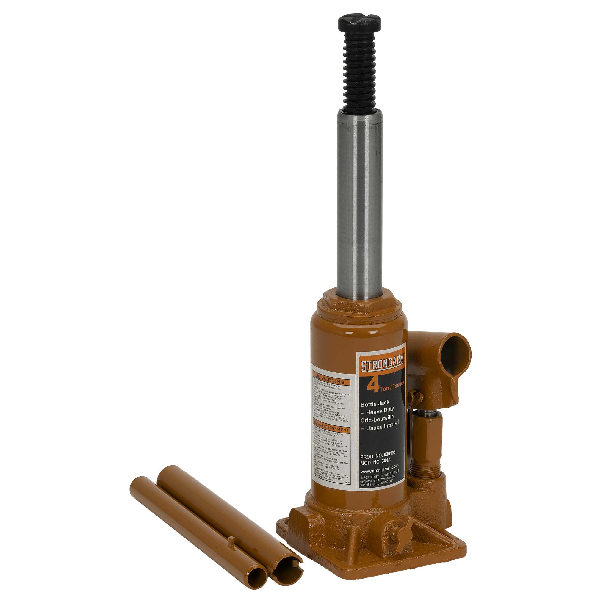 Strongarm 4 Ton hydraulic bottle jack displaying extended lifting ram and threaded height adjustment screw