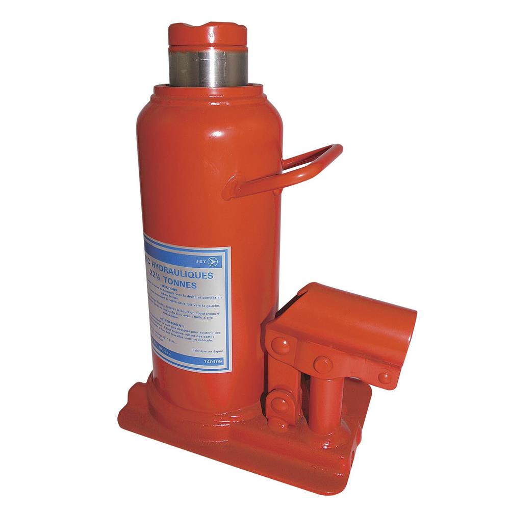 JET 22-1/2 ton hydraulic bottle jack with ram extended, showing lifting height adjustment and welded steel construction