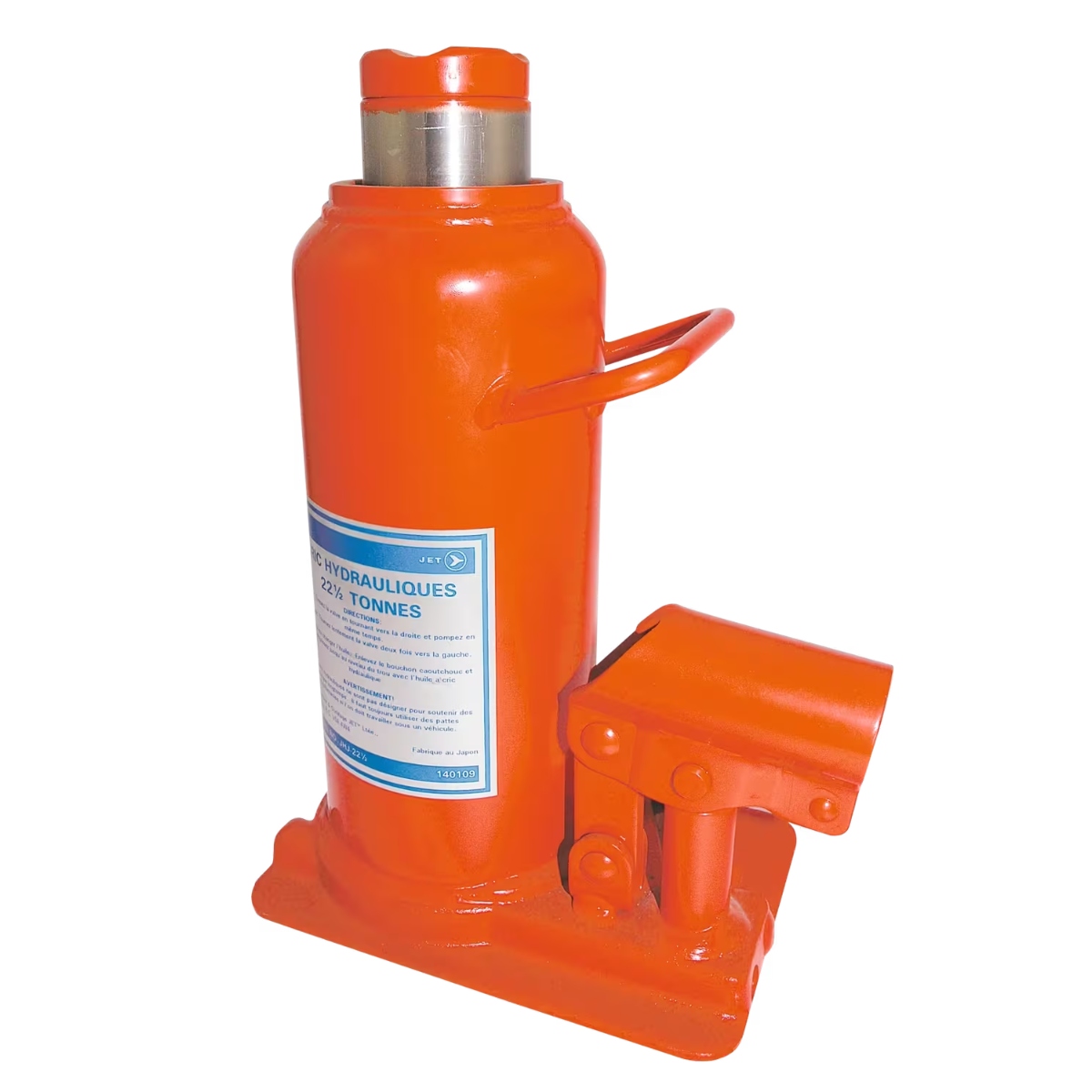 JET 22-1/2 ton hydraulic bottle jack with partially extended ram, carrying handle, and cleated steel saddle