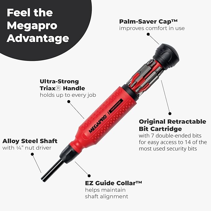 Megapro 151TP-CEF tamperproof screwdriver highlighting Palm-Saver Cap™, retractable bit cartridge, alloy steel shaft, and EZ Guide Collar™ features