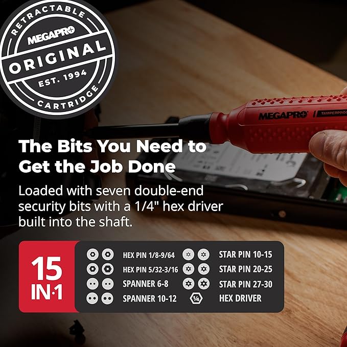 Megapro 15-in-1 tamperproof screwdriver showing included security bits for hex pin, spanner, star pin, and hex driver applications