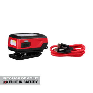 MILWAUKEE 2014R Rechargeable Clip Light product image showing the compact clip light with built-in rechargeable battery and included USB-C charging cable.