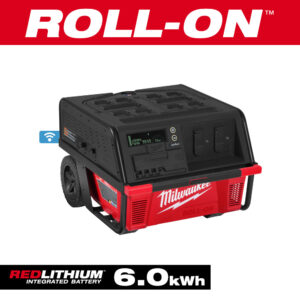 3301R MILWAUKEE ROLL-ON™ 7200W/3600W 6.0kWh Power Supply front angle view with digital display, covered power outlets, integrated wheels, Wi-Fi connectivity icon, and REDLITHIUM™ Integrated Battery 6.0kWh callout product image.