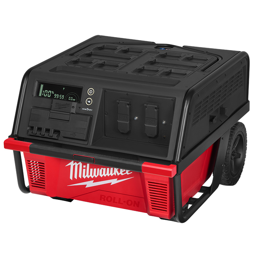 Front left angle view of Milwaukee ROLL-ON™ portable power supply showing digital battery and power display, covered 20A outlets, ONE-KEY™ connectivity, integrated wheels, and heavy-duty protective frame.