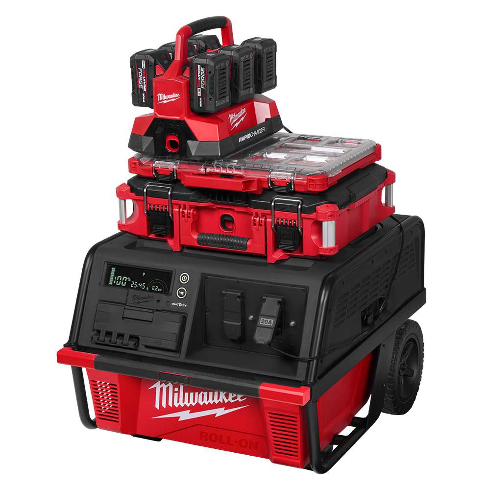 Milwaukee ROLL-ON™ power supply with PACKOUT™ organizer, toolbox, RAPID CHARGER, and multiple M18™ REDLITHIUM™ FORGE batteries mounted on top, showing integrated charging and jobsite power setup.