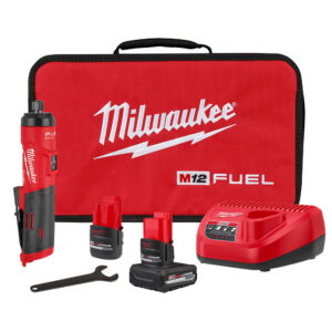 3486-22 Milwaukee M12™ FUEL™ 1/4" Straight Die Grinder Kit product image showing the die grinder, XC5.0 and CP2.5 batteries, M12™ charger, accessory wrench, and contractor bag.