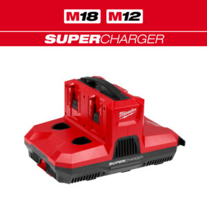 48-59-1818 Milwaukee M18™ & M12™ Four Bay Simultaneous Super Charger with PACKOUT™ compatibility product image showing four charging bays and integrated carrying handle.