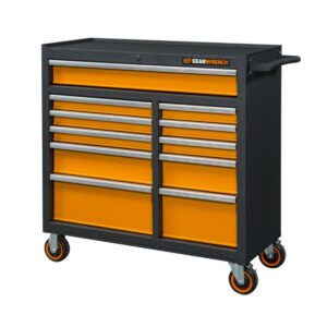 GEARWRENCH 83245 41-inch 11-drawer rolling tool cabinet, front angled view with orange drawer fronts, black textured steel frame, aluminum drawer pulls, side handle, and four caster wheels, tool storage cabinet product image