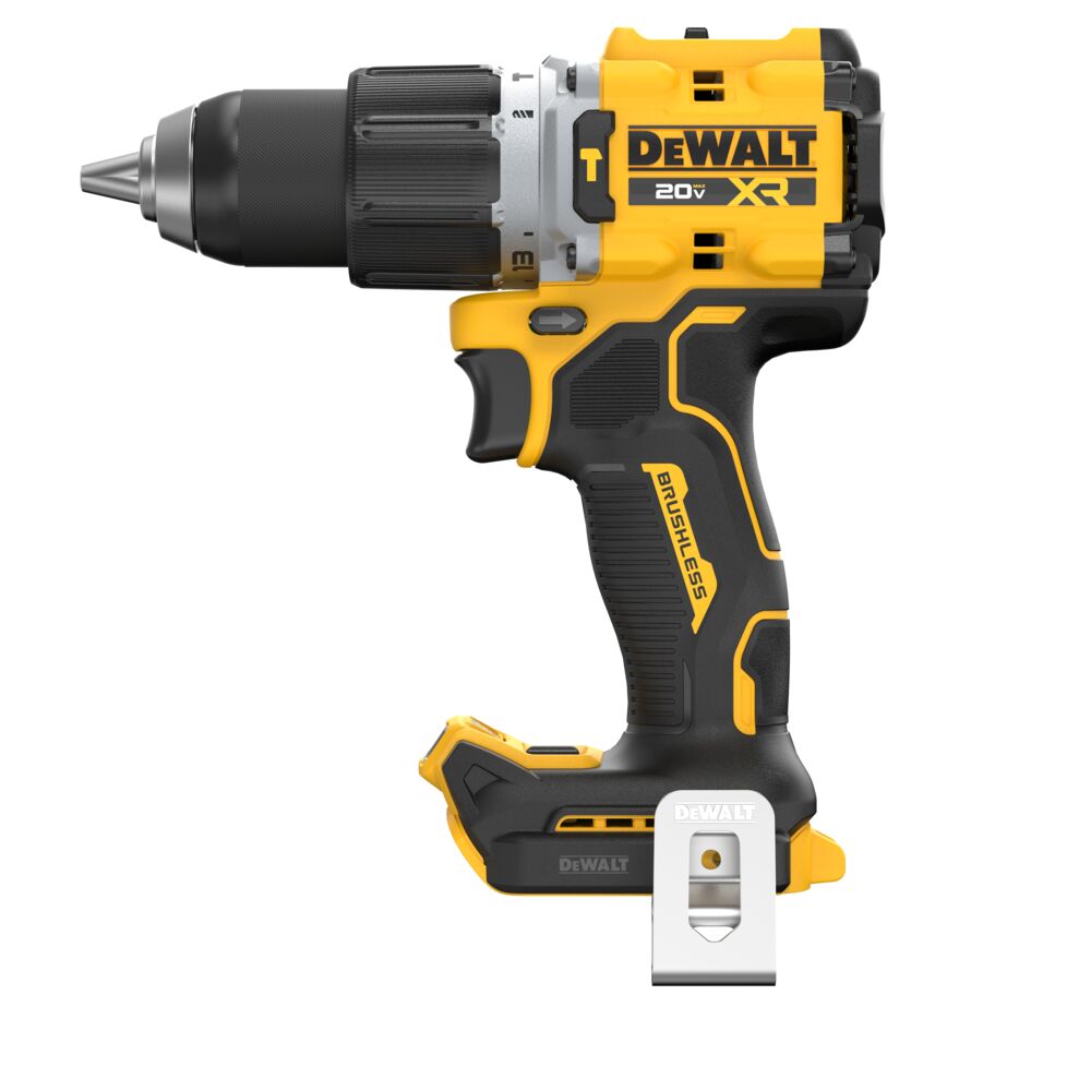 Left side profile of the 20V MAX XR brushless 1/2" hammer drill showing the metal ratcheting chuck, 2-speed transmission selector, brushless motor housing, and integrated belt hook.