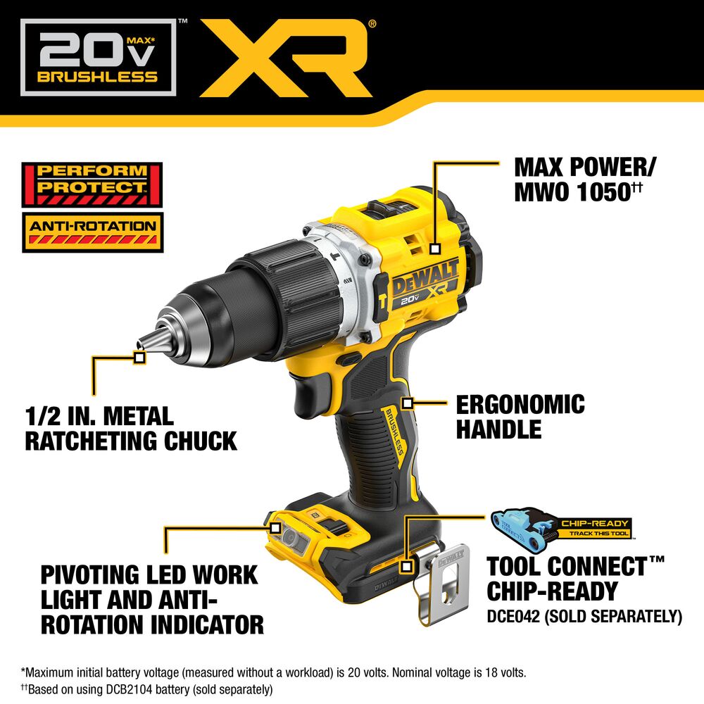 Feature callout image of the 20V MAX XR brushless 1/2" hammer drill highlighting the 1/2" metal ratcheting chuck, ANTI-ROTATION System, 1,050 MWO maximum power, ergonomic handle, 3-position pivoting LED work light with anti-rotation indicator, and TOOL CONNECT Chip-Ready compatibility.