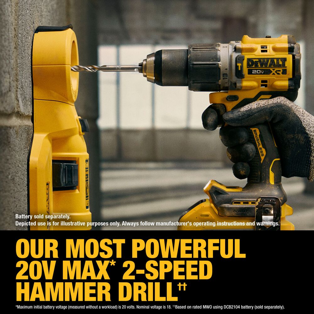 Lifestyle image showing the DEWALT 20V MAX XR brushless 1/2" hammer drill drilling into concrete with a masonry bit. On-image callout highlights it as DEWALT's most powerful 20V MAX 2-speed hammer drill. Battery sold separately.