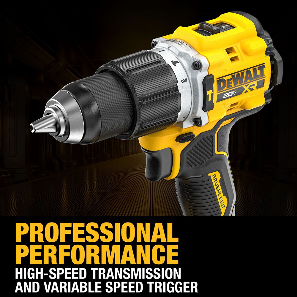 Close-up of the DEWALT 20V MAX XR brushless 1/2 in. hammer drill highlighting the all-metal ratcheting chuck, high-speed transmission, and variable-speed trigger. On-image callout: Professional performance for demanding drilling and fastening applications.