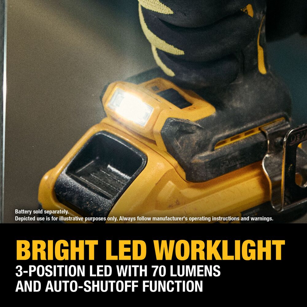Close-up of the DEWALT 20V MAX XR brushless 1/2 in. hammer drill's 3-position LED work light illuminating the work area. On-image callout highlights the 70-lumen LED with auto-shutoff function.