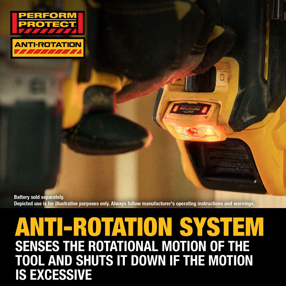 Close-up of the DEWALT 20V MAX XR brushless 1/2 in. hammer drill showing the PERFORM & PROTECT Anti-Rotation System indicator and rear LED. On-image callout explains the anti-rotation system helps shut the tool down if excessive rotational motion is detected.