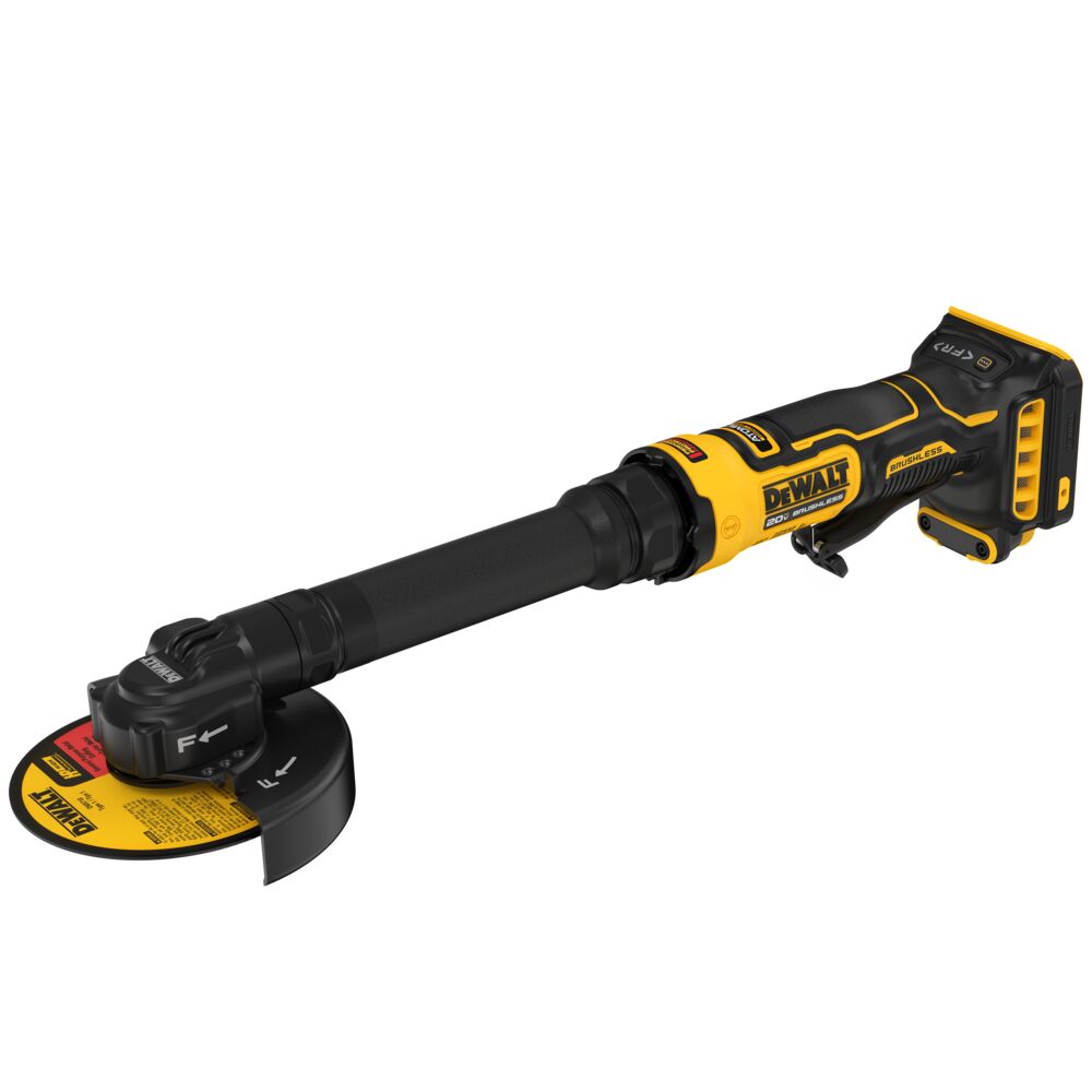 Angled front view of the DEWALT ATOMIC COMPACT SERIES 20V MAX 4 in. Extended Cut-Off Tool showing the extended nose design, brushless motor, wheel guard, and cutting wheel.