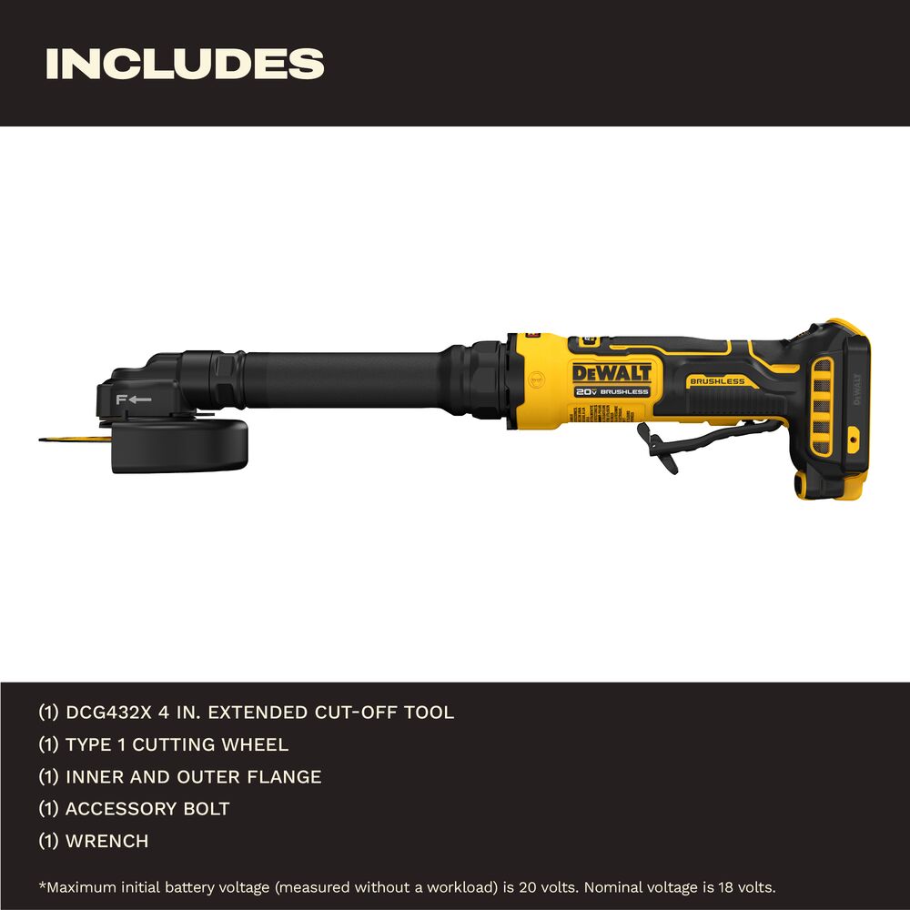Included accessories for the DEWALT ATOMIC COMPACT SERIES 20V MAX 4 in. Extended Cut-Off Tool showing the tool, Type 1 cutting wheel, inner and outer flange, accessory bolt, and wrench.