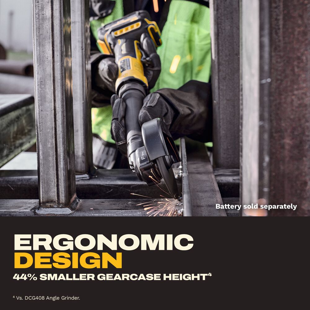 Lifestyle image of the DEWALT ATOMIC COMPACT SERIES 20V MAX 4 in. Extended Cut-Off Tool making a cut on steel in a confined space, highlighting the compact gearcase for improved access.