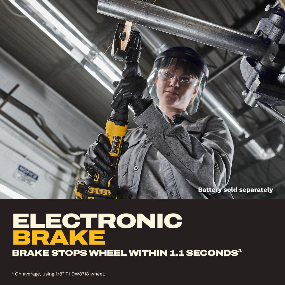 Lifestyle image of the DEWALT ATOMIC COMPACT SERIES 20V MAX 4 in. Extended Cut-Off Tool cutting overhead metal pipe, highlighting the electronic brake that stops the wheel within 1.1 seconds.