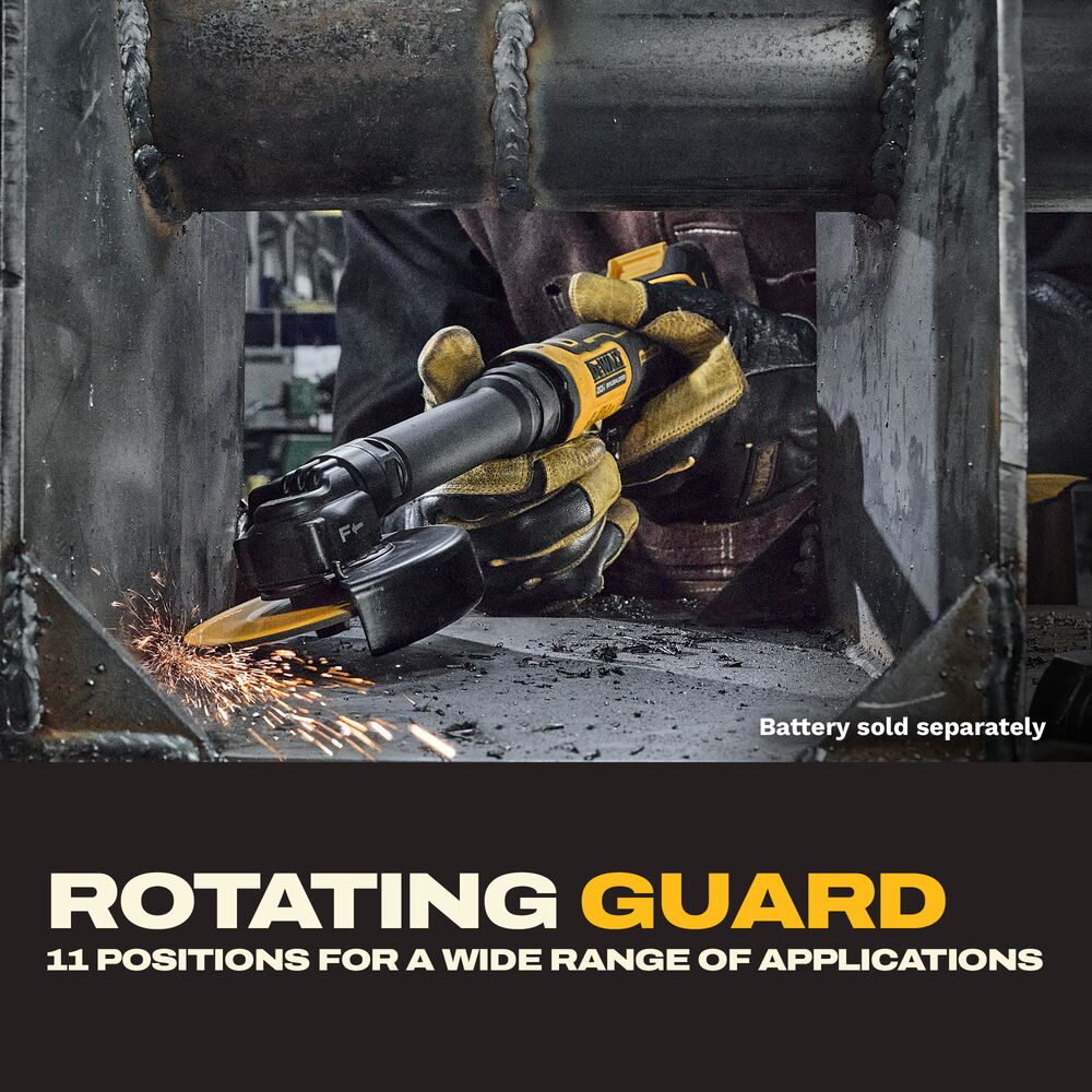 Lifestyle image of the DEWALT ATOMIC COMPACT SERIES 20V MAX 4 in. Extended Cut-Off Tool making a cut inside a confined steel structure, highlighting the 11-position rotating guard for improved cutting access from multiple angles.