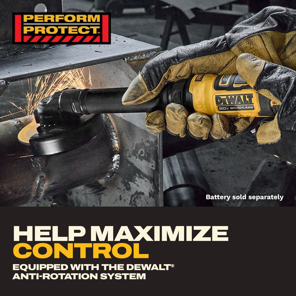 Lifestyle image of the DEWALT ATOMIC COMPACT SERIES 20V MAX 4 in. Extended Cut-Off Tool cutting steel plate, highlighting the DEWALT Anti-Rotation System for improved control during demanding metal cutting applications.