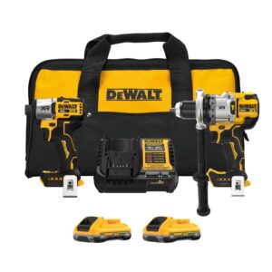 DEWALT DCK2101QQ2 20V MAX XR Hammer Drill & Impact 2-Tool Combo Kit with XR POWERPACK Batteries product image showing hammer drill, impact driver, two 4Ah batteries, charger, and contractor bag.