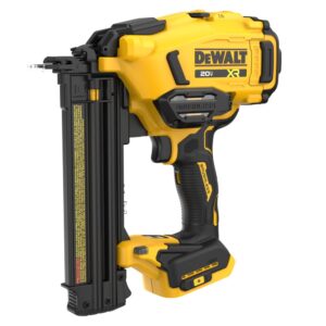 DEWALT DCN210B 20V MAX XR 18GA Brad Nailer, left-side product view showing brushless cordless finish nailer with nail magazine, battery mount, and compact tool-only design
