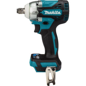 Makita DTW300XVZ 18V LXT Brushless 1/2" Impact Wrench with friction ring anvil, left-side product view showing compact cordless impact wrench, belt hook, and brushless motor design, product image.